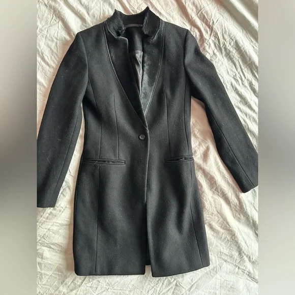 AllSaints Onix Pony Black Wool Coat Tailored Straight Coat Leather Trim Size 2 - Picture 1 of 14